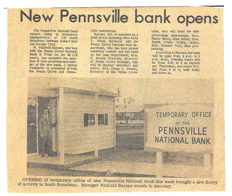 Old newspaper clipping stating New Pennsville bank opens